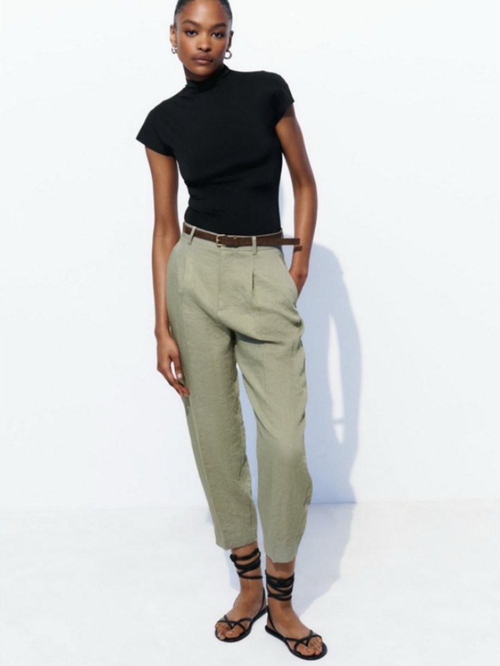 Zara Olive High-Waist Relaxed Tapered Pants
